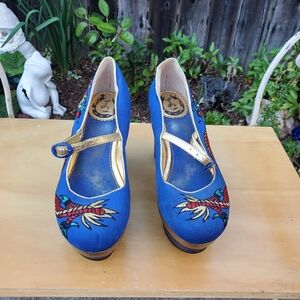 Miss L Fire Dragon Blue Embroidered Platform Shoes